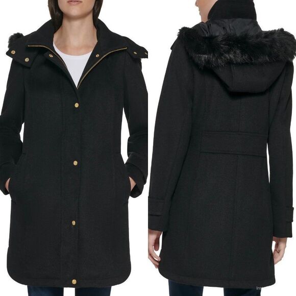 Cole Haan Wool Blend Jacket with Faux Fur Trim - Picture 1 of 10